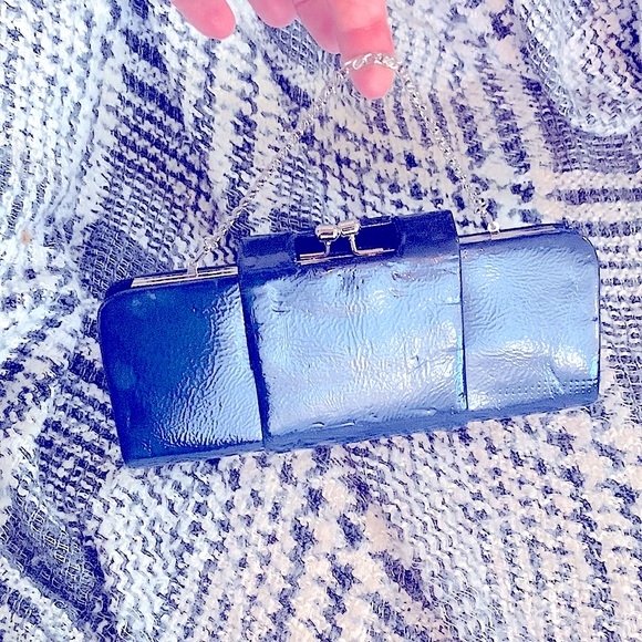 DiY Glam Clutch-Shoulder Handbag Navy Silver Fold Over Snap Closure+Silver Chain - Picture 7 of 16